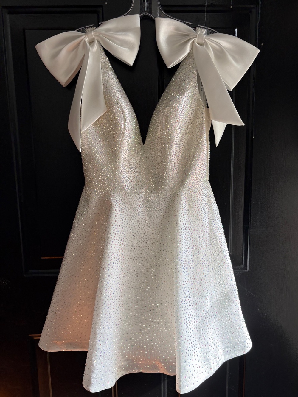 Sherri Hill Ivory Sparkle Mini Dress with Bow Straps